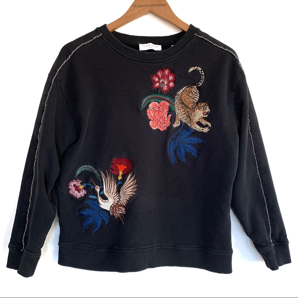 Sandro Alek Tiger Bird Embroidered Sweater Top - Picture 3 of 7